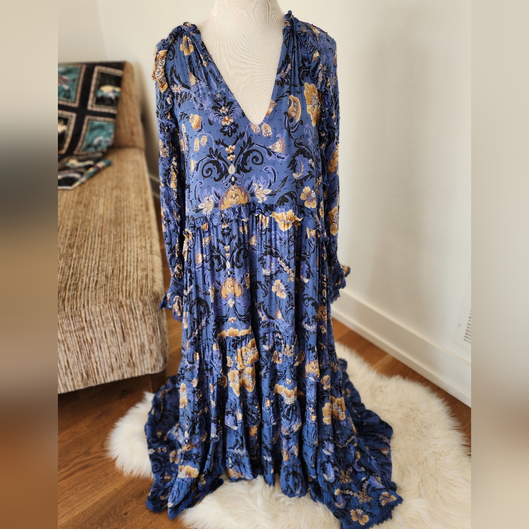 Spell & Gypsy Free People Aurora Blue Maxi Dress Euc Medium